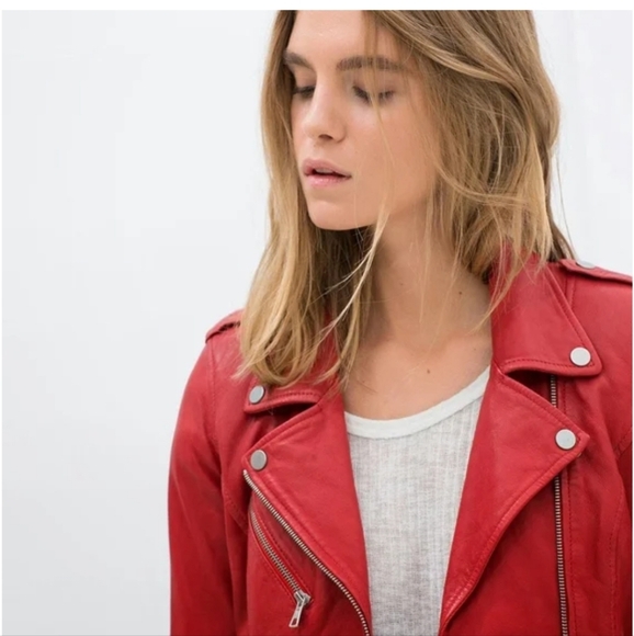 ZARA TRAFALUC Red Moto faux leather jacket. Size XL - Picture 2 of 16